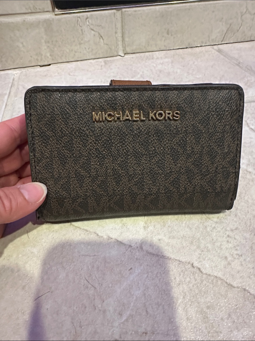 Michael Kors Dark Brown Signature Logo Compact Wallet with Gold Hardware